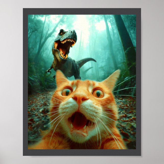 Katt Selfie Med T-Rex Dinosaurie Trex Dino Män Kvi Poster (Framsidan)