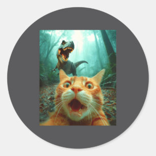 Katt Selfie Med T-Rex Dinosaurie Trex Dino Män Kvi Runt Klistermärke