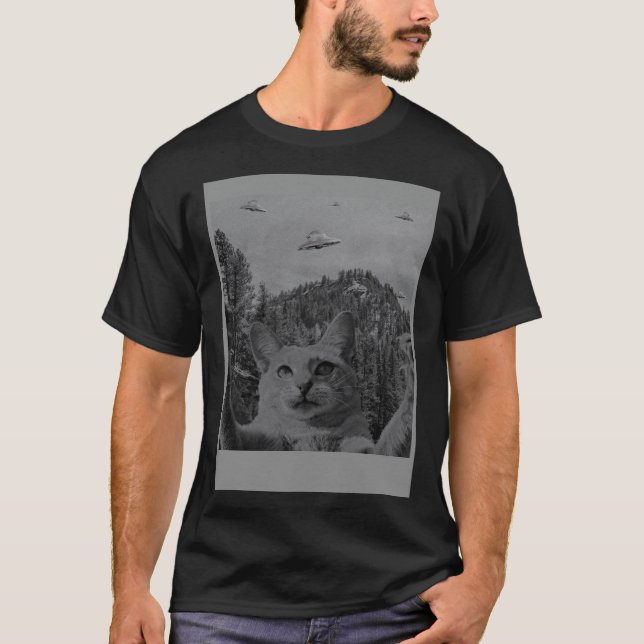 Katt Selfie Meme UFO-observation Utomjording Konsp T Shirt (Framsida)