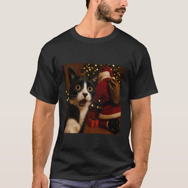 Katt Selfie Tomte Jul Festiv Stämning T Shirt (Framsida)