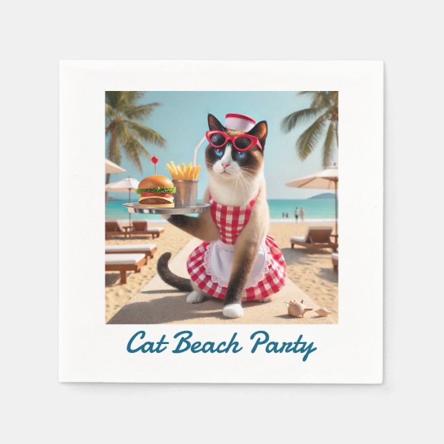 Katt serverar hamburger för stranden party pappersservett (Framsidan)