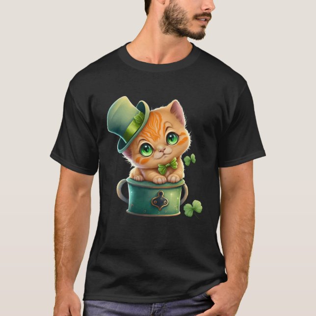 Katt Shamrock St Patrick s Day Leprechaun Hatt Söt T Shirt (Framsida)