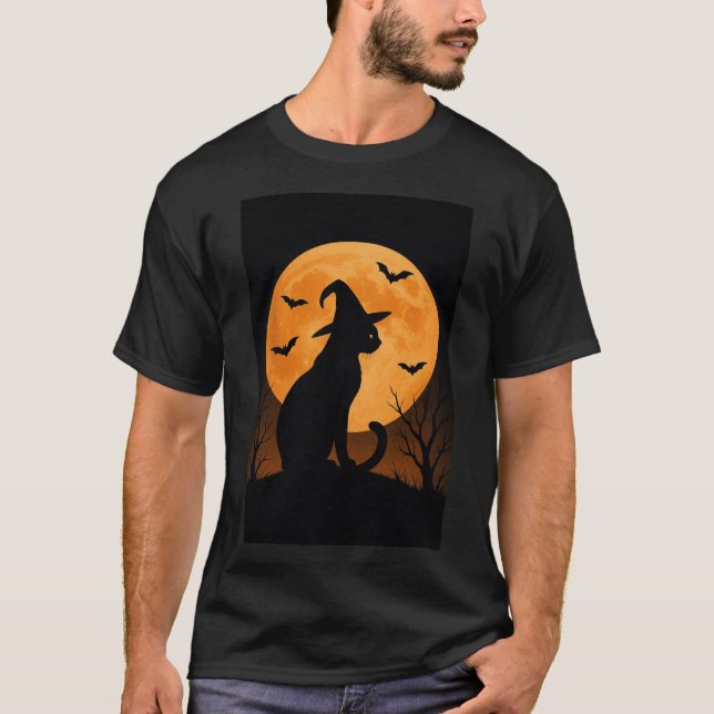 Katt Silhouette med hel måne och Fladdermus T Shirt (Framsida)