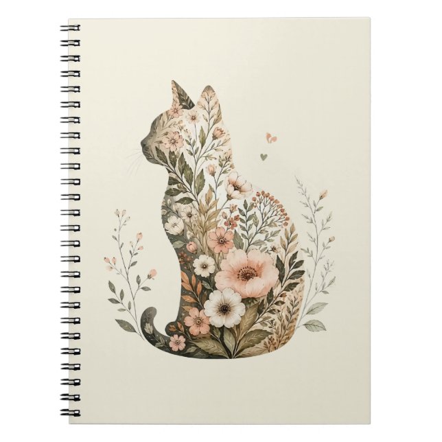  Katt Silhuett Blommig Boho Vildblomma Anteckningsbok (Framsidan)