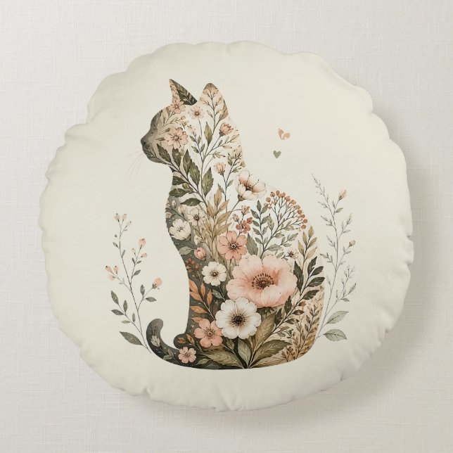  Katt Siluett Blommig Boho Vildblomma Rund Kudde (Framsidan)