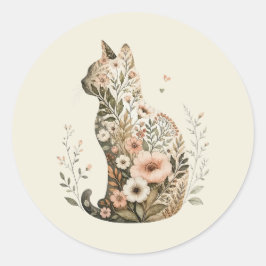 Katt Siluett Blommig Boho Vildblomma Runt Klistermärke