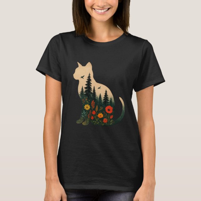 Katt Siluett Färger Vildblomma Boho Blommig       T Shirt (Framsida)
