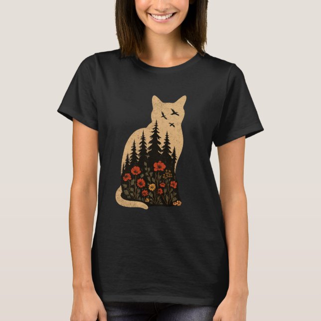 Katt Siluett Färger Vildblomma Boho Blommig       T Shirt (Framsida)