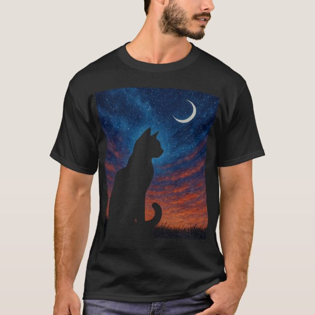 Katt Siluett - Halvmåne Natt Himmel T Shirt (Framsida)