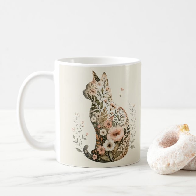 Katt Siluett Mugg Blommig Boho Vilda Blommor (Med munk)