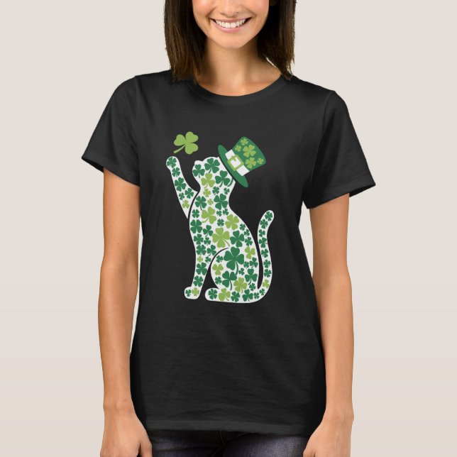 Katt Siluett Shamrock St Patricks Day Kattunge T Shirt (Framsida)