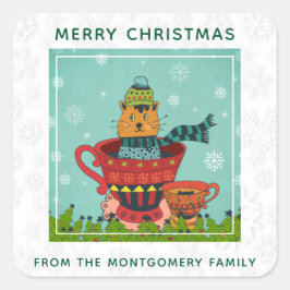 Katt Sitta i en Tekopp-jul Fyrkantigt Klistermärke