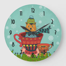 Katt Sitta i en Tekopp-jul Stor Klocka