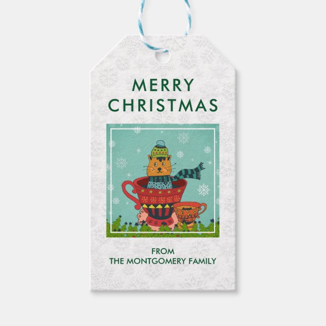 Katt Sitta i Tekopp God jul Presentetikett (Framsidan)