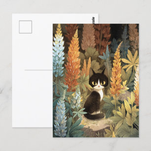 Katt Sitta mellan brant Lupine Flowers Vykort
