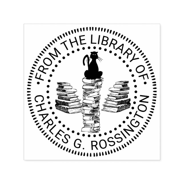 Katt sittande på hög bokstapel Biblioteksnamn Självfärgande Stämpel (Design)