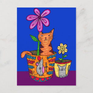 Katt sitter i en blomkruka vykort