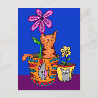 Katt sitter i en blomkruka vykort