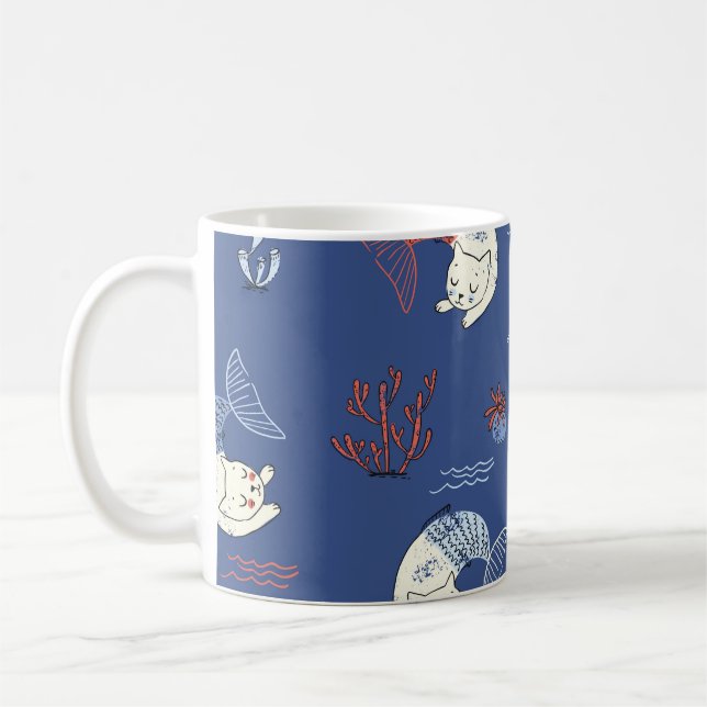 Katt sjöjungfru, texturerad sömlös mönster. kaffemugg (Vänster)