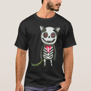 Katt skelett läskiga knapp ögon hopsydda Halloween T Shirt