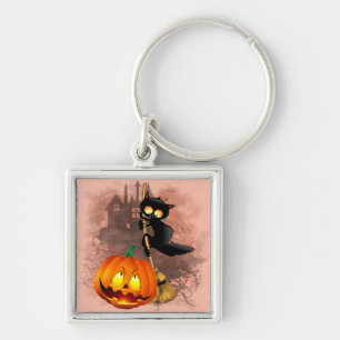 Katt Skrämt med pumpkin Roligt Halloween-tecken Fyrkantig Silverfärgad Nyckelring