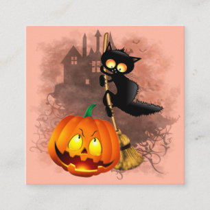 Katt Skrämt med pumpkin Roligt Halloween-tecken Fyrkantigt Visitkort
