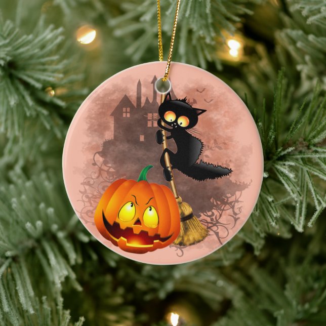 Katt Skrämt med pumpkin Roligt Halloween-tecken Julgransprydnad Keramik (Träd)