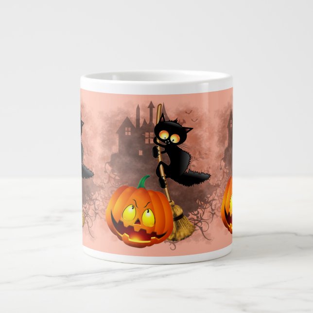 Katt Skrämt med pumpkin Roligt Halloween-tecken Jumbo Mugg (Framsidan)