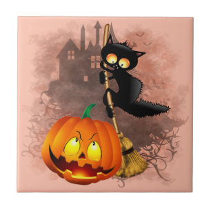 Katt Skrämt med pumpkin Roligt Halloween-tecken Kakelplatta