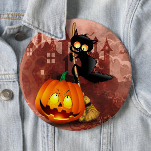 Katt Skrämt med pumpkin Roligt Halloween-tecken Knapp