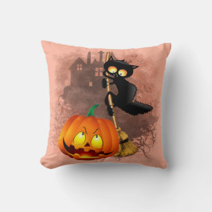 Katt Skrämt med pumpkin Roligt Halloween-tecken Kudde