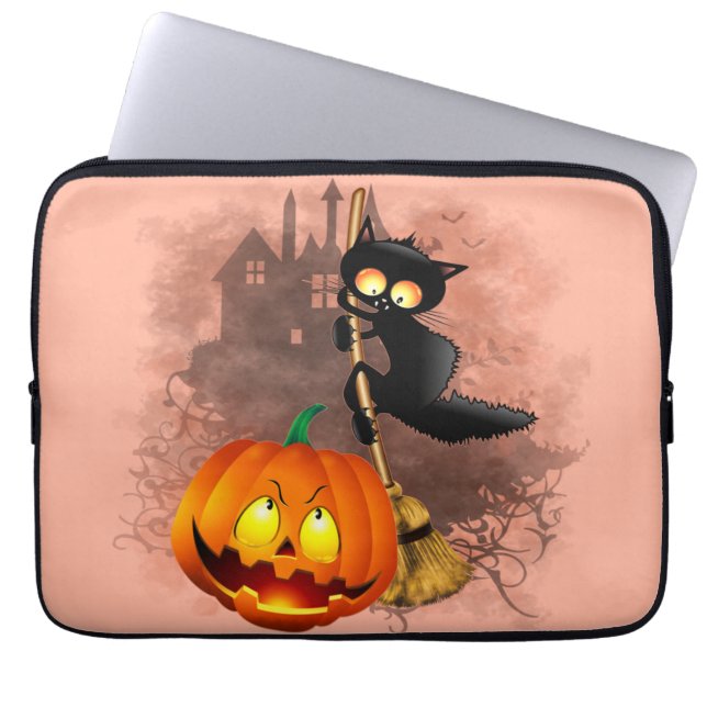 Katt Skrämt med pumpkin Roligt Halloween-tecken Laptop Fodral (Framsidan)