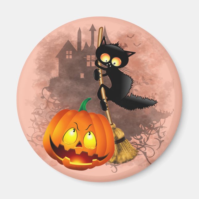 Katt Skrämt med pumpkin Roligt Halloween-tecken Magnet (Framsidan)