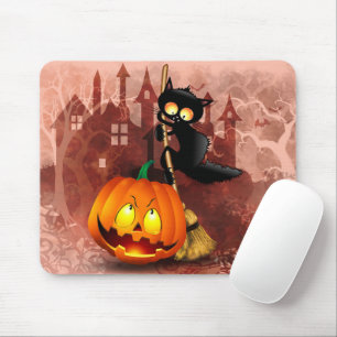 Katt Skrämt med pumpkin Roligt Halloween-tecken Musmatta