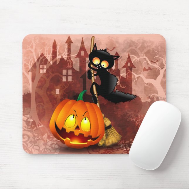 Katt Skrämt med pumpkin Roligt Halloween-tecken Musmatta (Med mus)