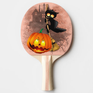 Katt Skrämt med pumpkin Roligt Halloween-tecken Pingisracket