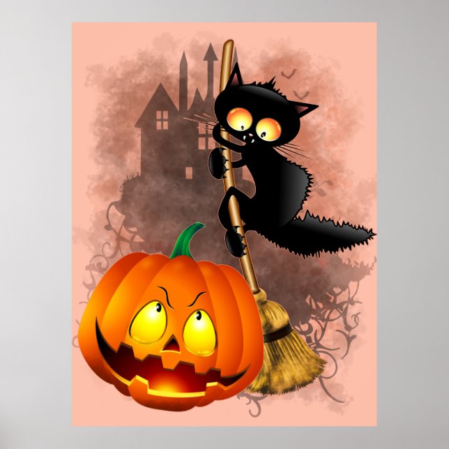 Katt Skrämt med pumpkin Roligt Halloween-tecken Poster (Framsidan)