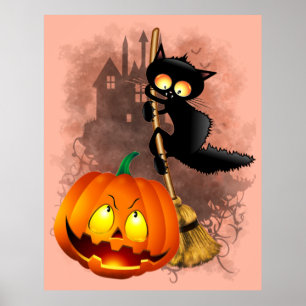 Katt Skrämt med pumpkin Roligt Halloween-tecken Poster