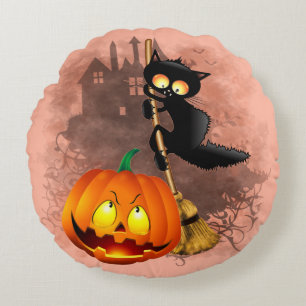 Katt Skrämt med pumpkin Roligt Halloween-tecken Rund Kudde