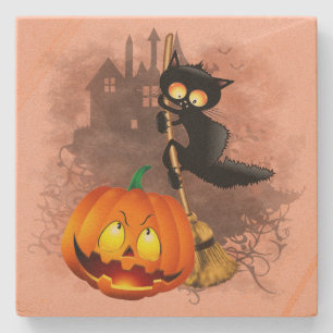 Katt Skrämt med pumpkin Roligt Halloween-tecken Stenunderlägg