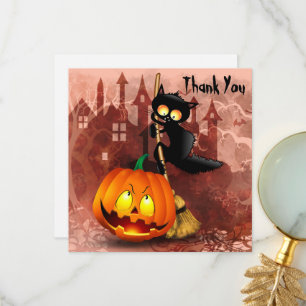 Katt Skrämt med pumpkin Roligt Halloween-tecken Tack Kort