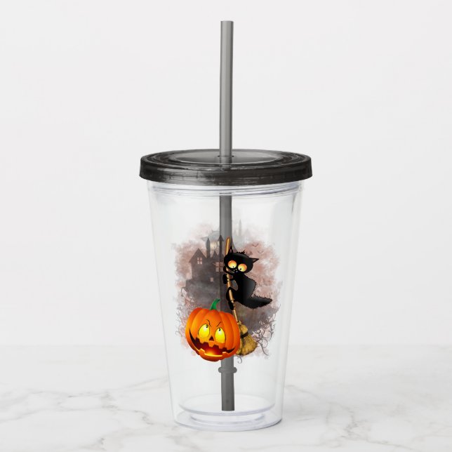 Katt Skrämt med pumpkin Roligt Halloween-tecken Take Away Mugg (Framsida)