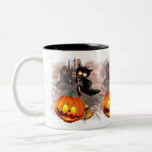 Katt Skrämt med pumpkin Roligt Halloween-tecken Två-Tonad Mugg