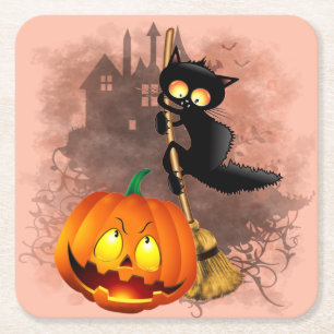 Katt Skrämt med pumpkin Roligt Halloween-tecken Underlägg Papper Kvadrat