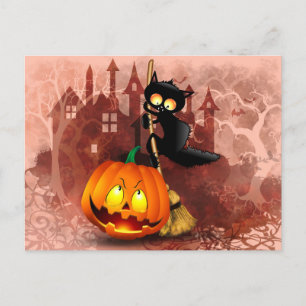 Katt Skrämt med pumpkin Roligt Halloween-tecken Vykort