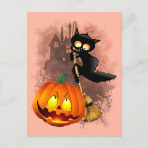 Katt Skrämt med pumpkin Roligt Halloween-tecken Vykort