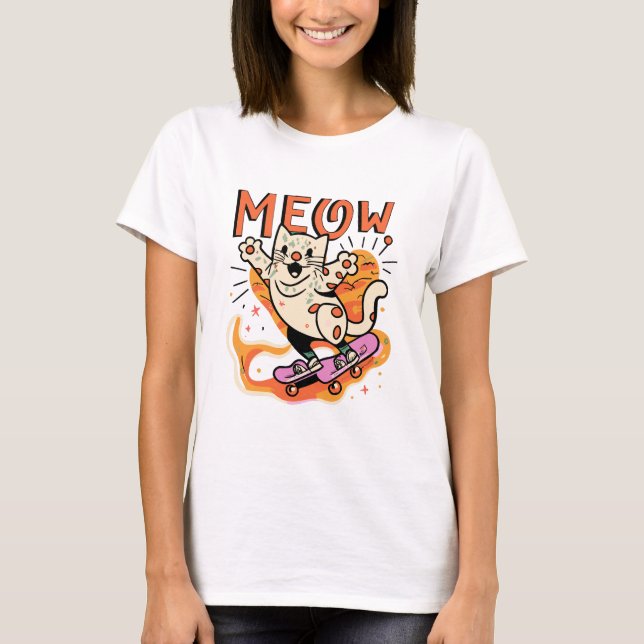Katt Skridsko Meow T Shirt (Framsida)