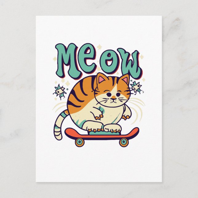 Katt Skridsko Meow Vykort (Framsida)