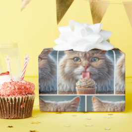 Katt Slickande en födelsedagskupaka Presentpapper