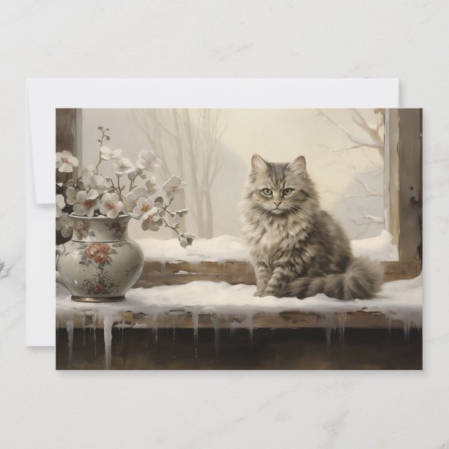 Katt Snöig Vinter God Jul  Julkort (Framsida)
